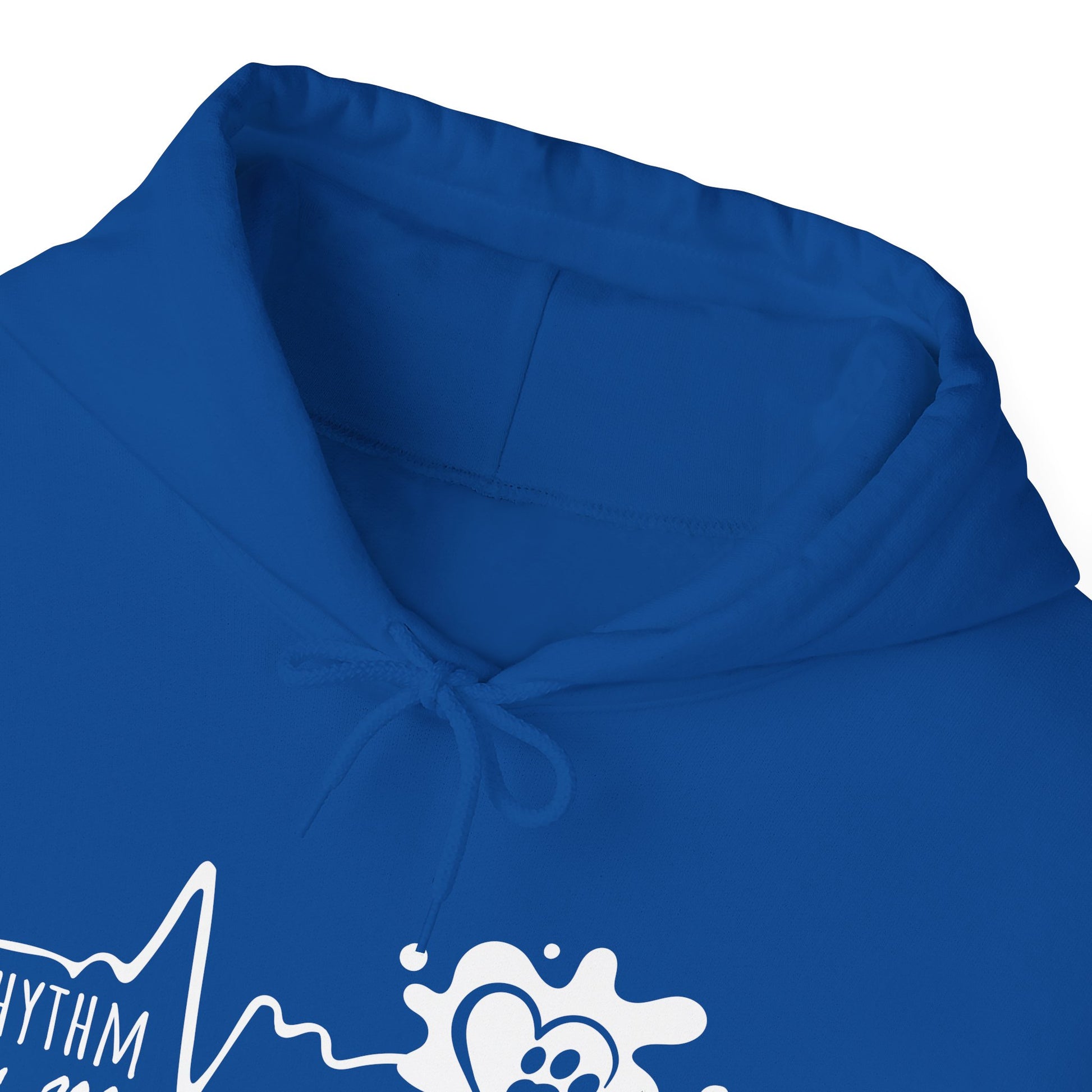 Blue hoodie with white graphics and text on a white background