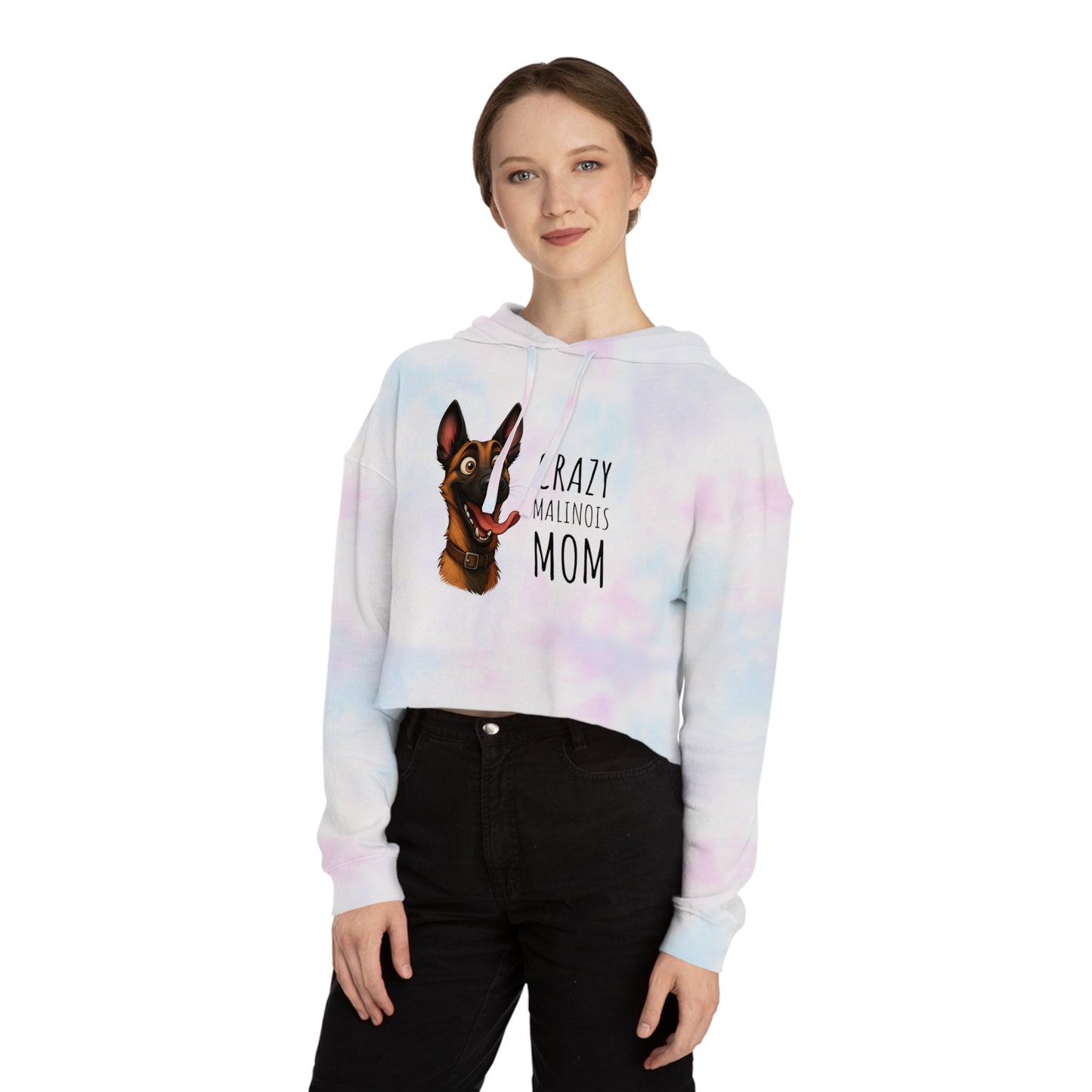 Person wearing a tie-dye hoodie with a dog graphic and text on a white background