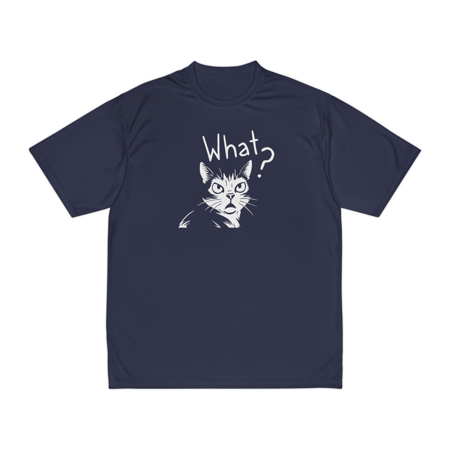 Navy blue t-shirt with a graphic of a cat and 'What?' text on a white background