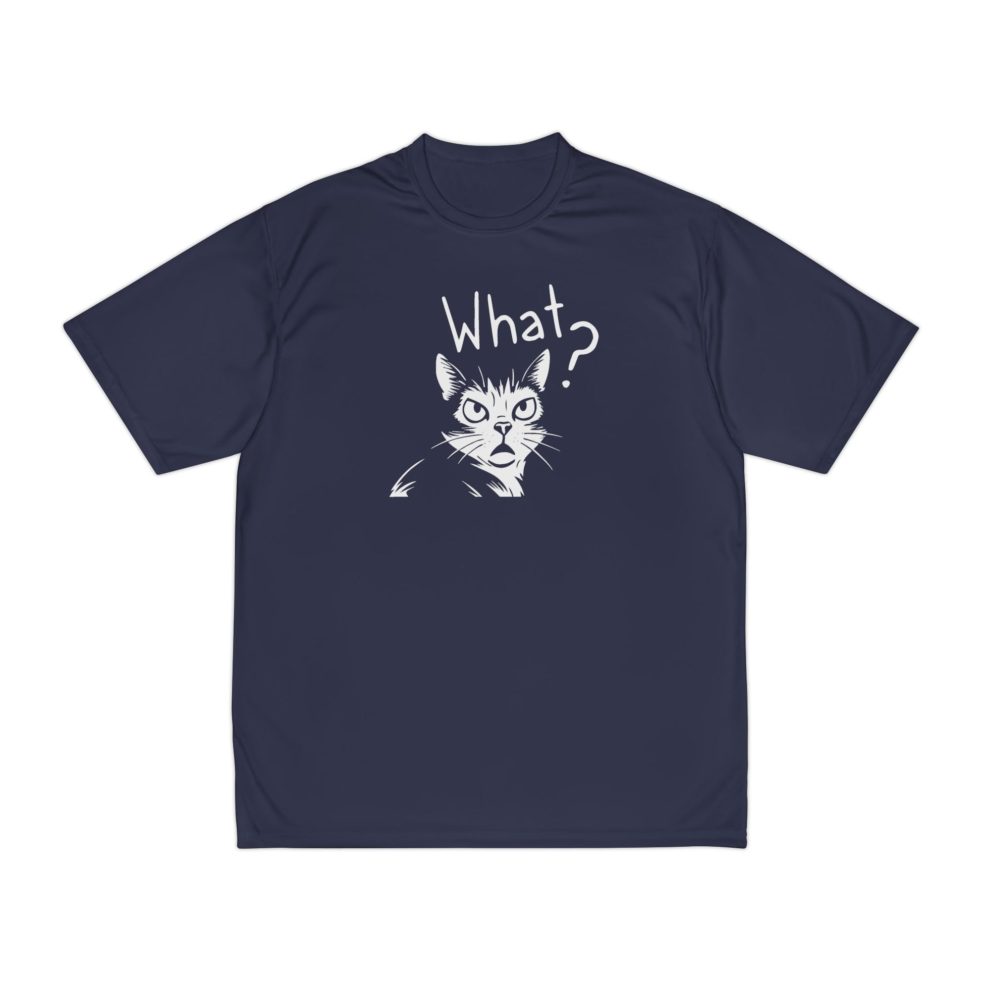 Navy blue t-shirt with a graphic of a cat and 'What?' text on a white background