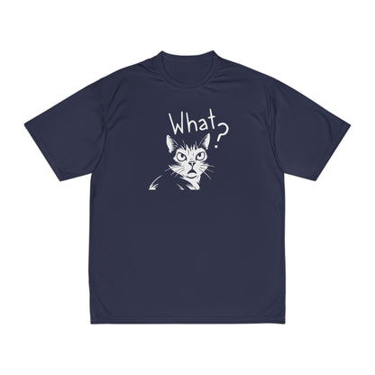 Navy blue t-shirt with a graphic of a cat and 'What?' text on a white background