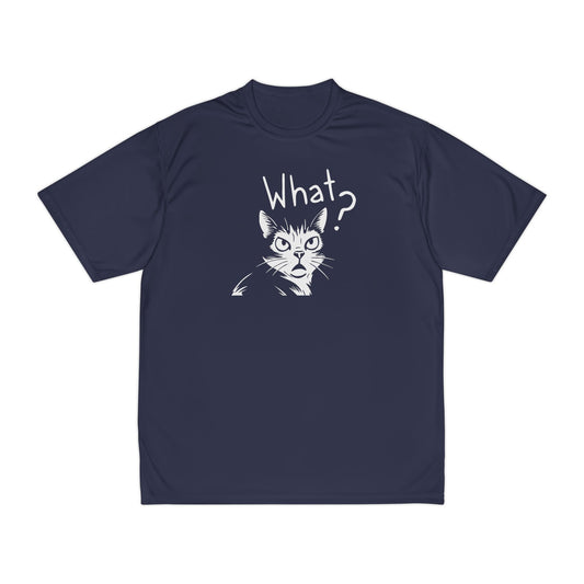 Navy blue t-shirt with a graphic of a cat and 'What?' text on a white background