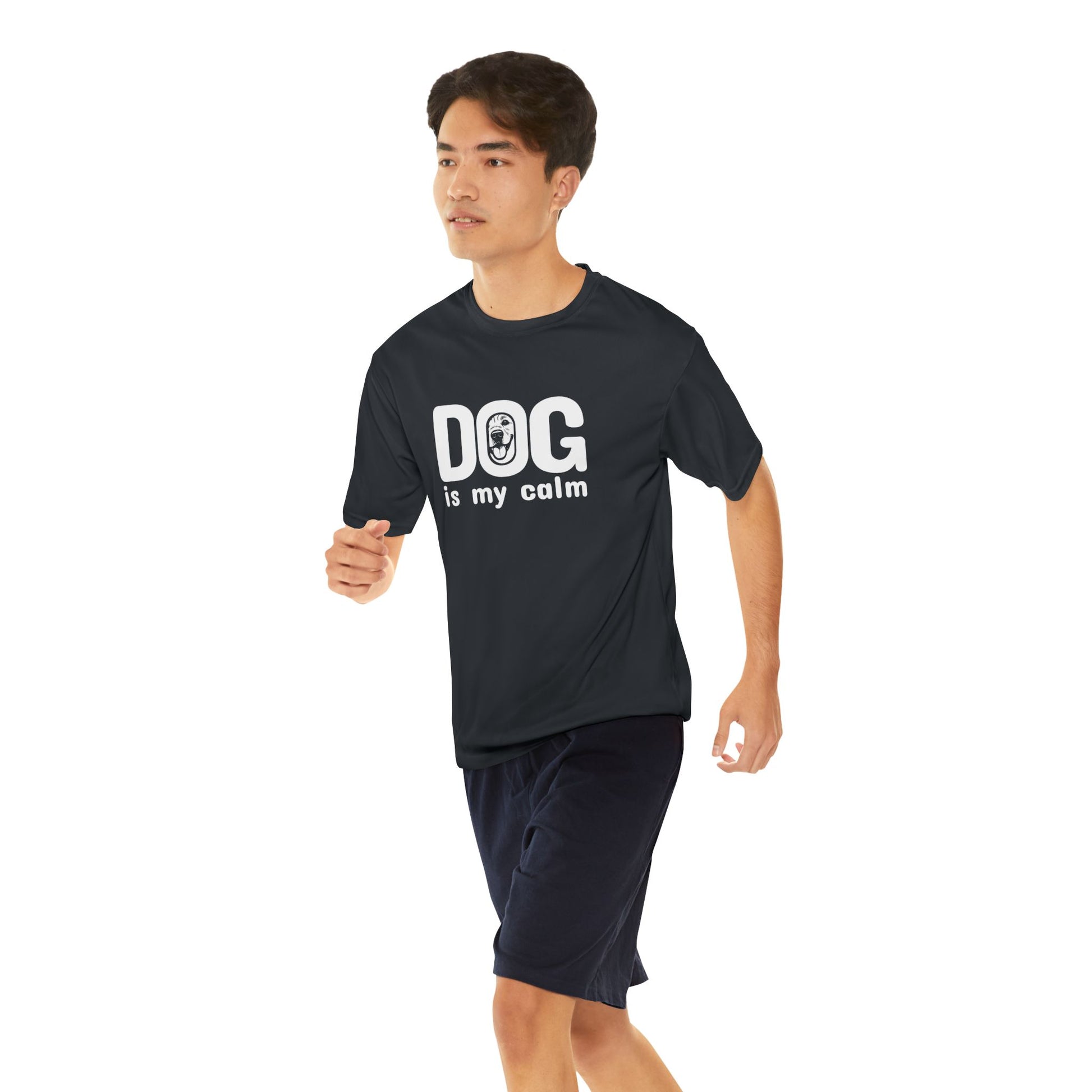 Person wearing a black t-shirt with 'DOG is my calm' text on a white background