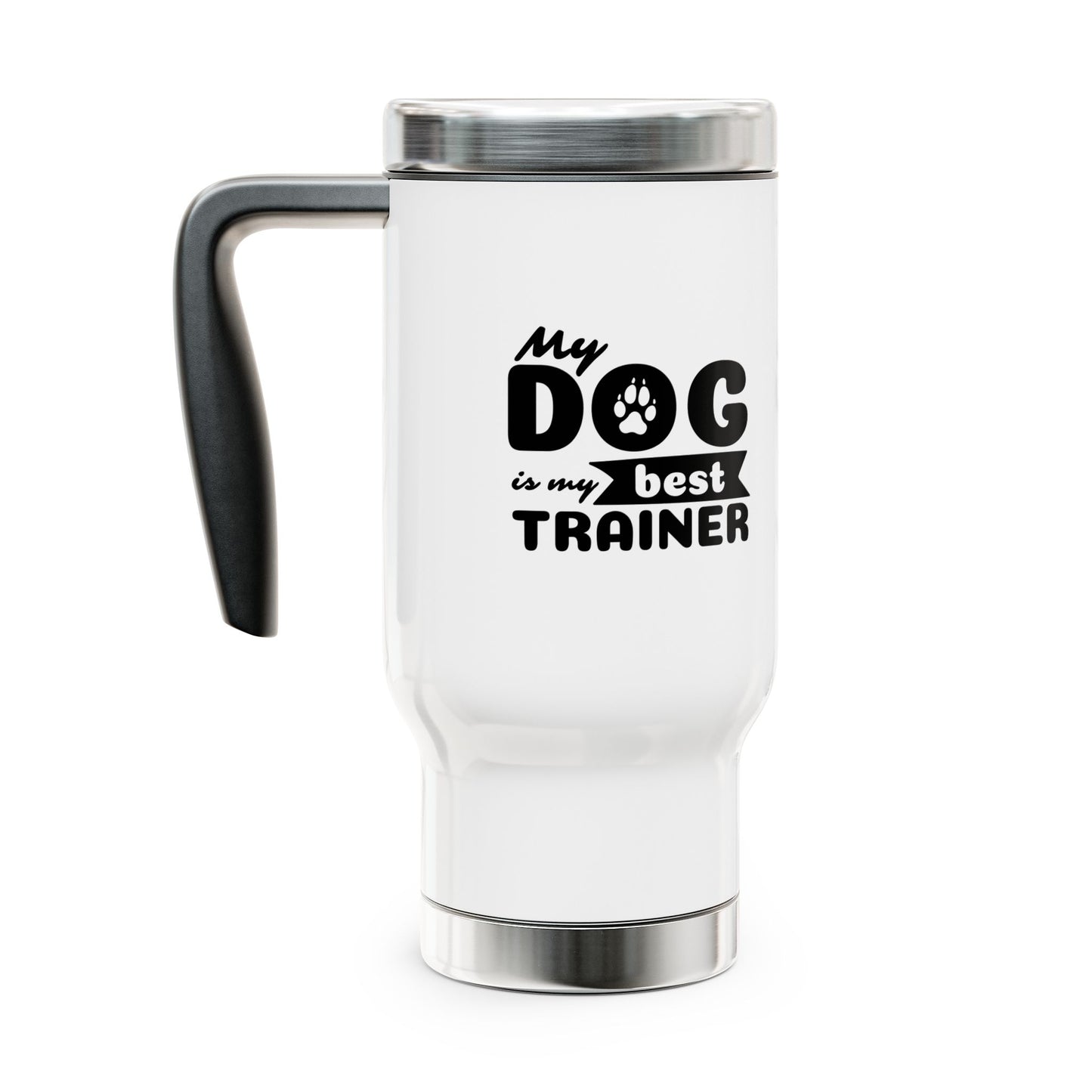 White travel mug with black text and paw print design on a white background