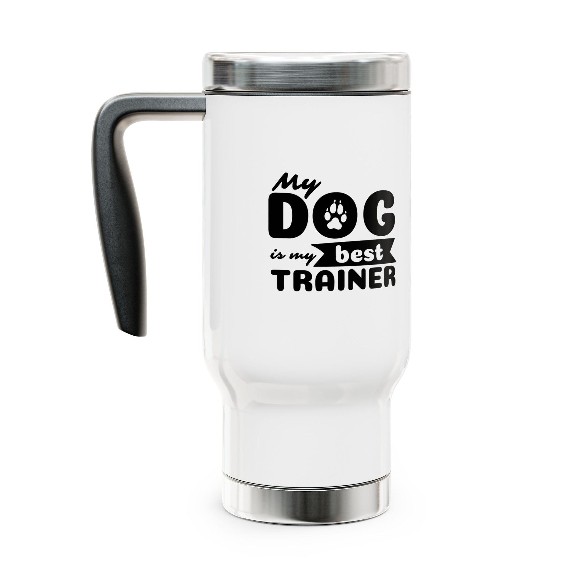 White travel mug with black text and paw print design on a white background