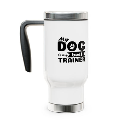 White travel mug with black text and paw print design on a white background