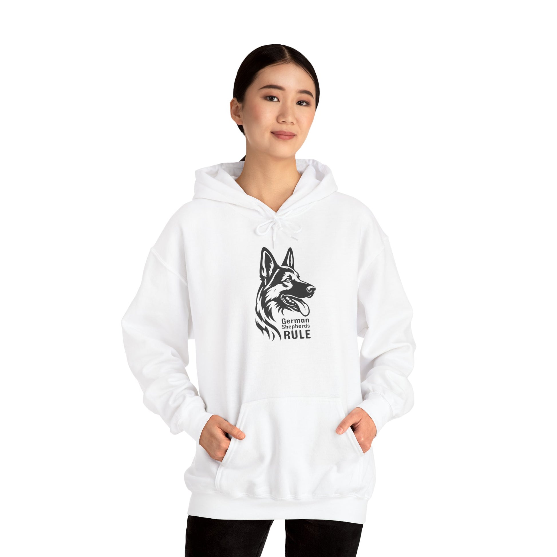 Person wearing a white hoodie with a dog graphic and text on a white background