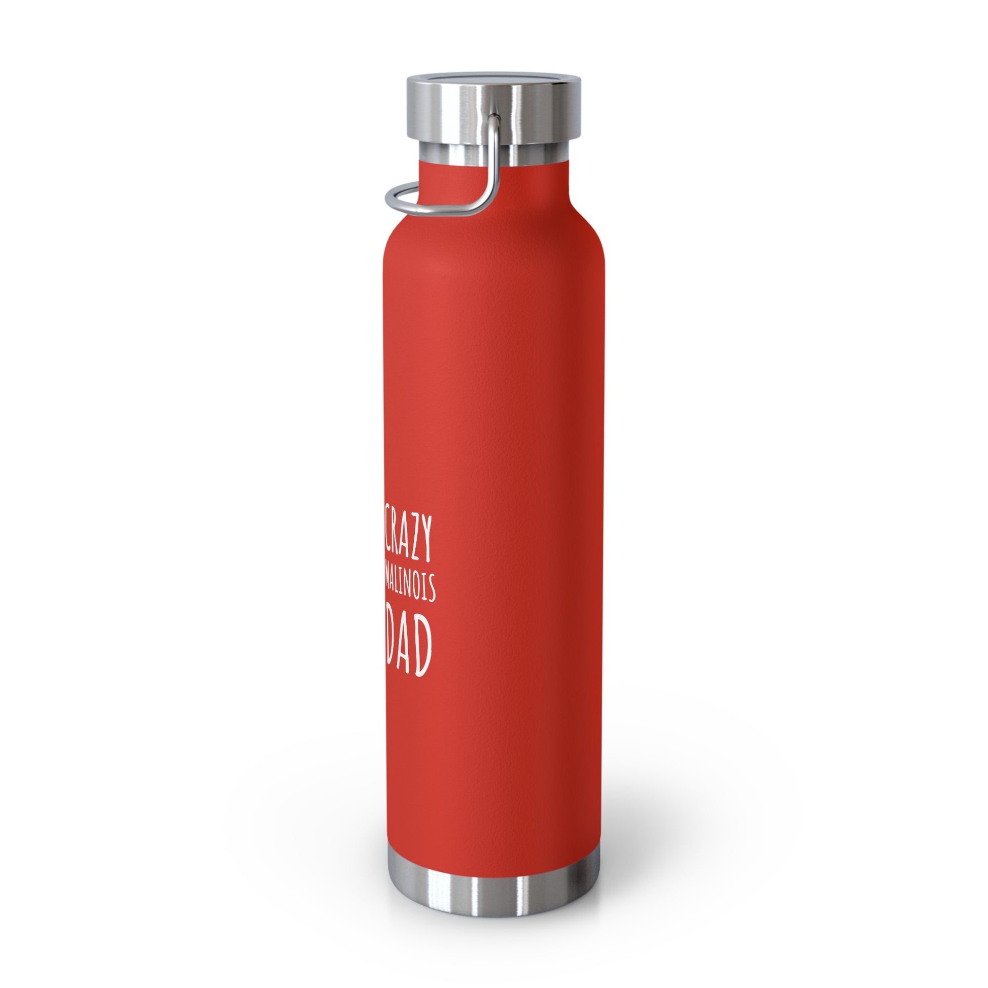 Red water bottle with silver cap on a white background