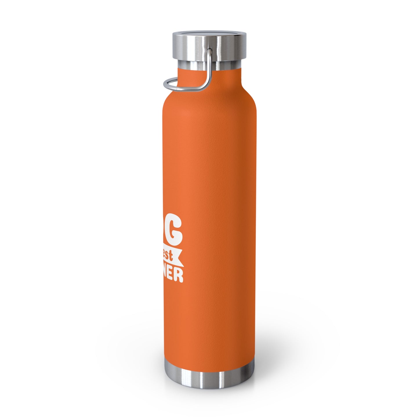Orange water bottle with silver lid on a white background