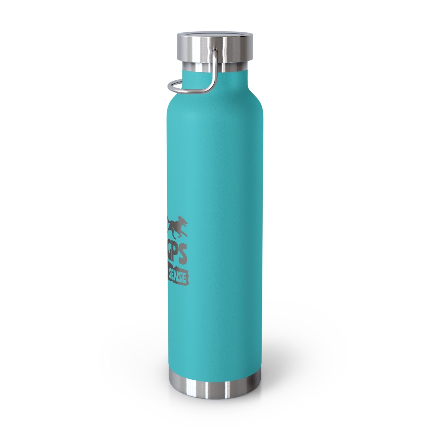 Turquoise water bottle with silver lid on a white background