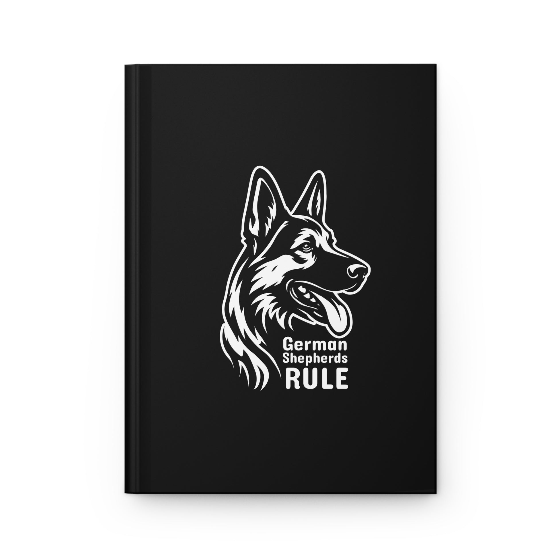 Black notebook with a white German Shepherd illustration and 'German Shepherds Rule' text on a white background