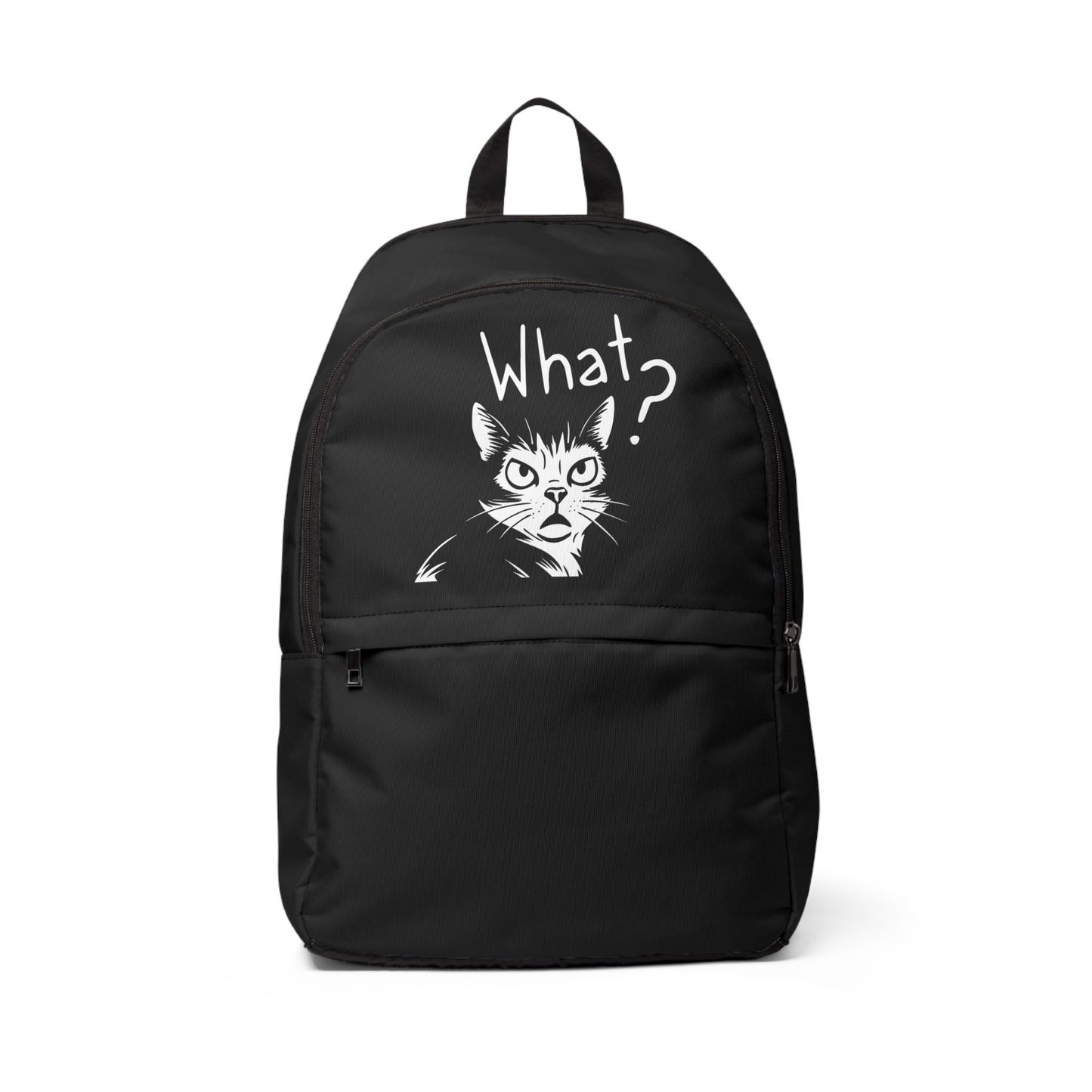 Black backpack with a cat graphic and 'What?' text on a white background