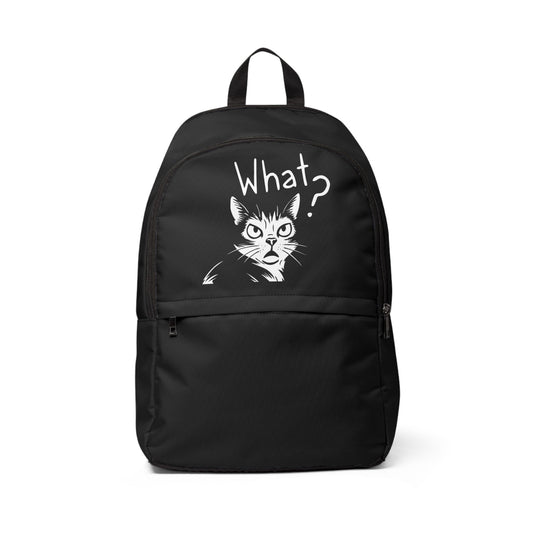 Black backpack with a cat graphic and 'What?' text on a white background