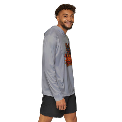 Man wearing a gray hoodie with a graphic design on a white background