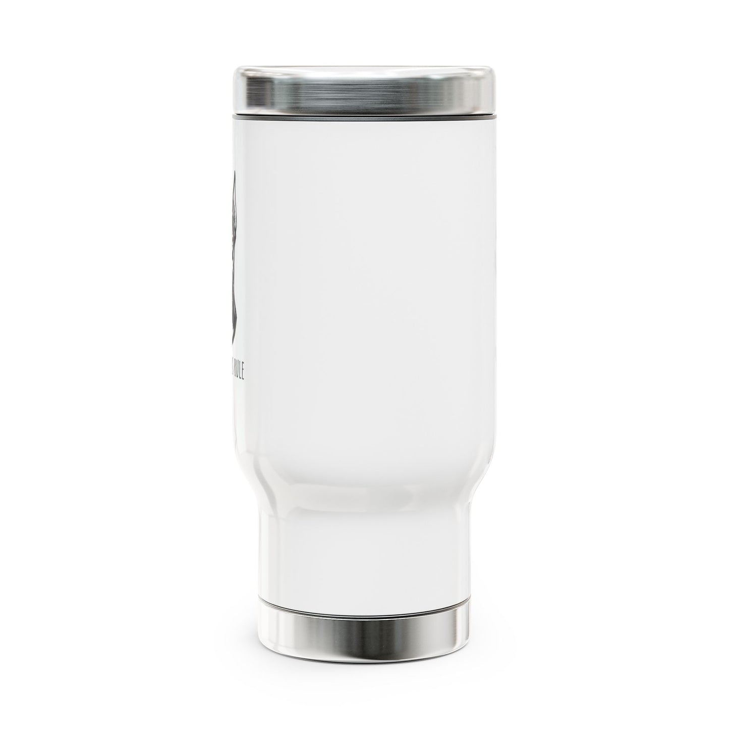 White tumbler with silver base and lid on a white background