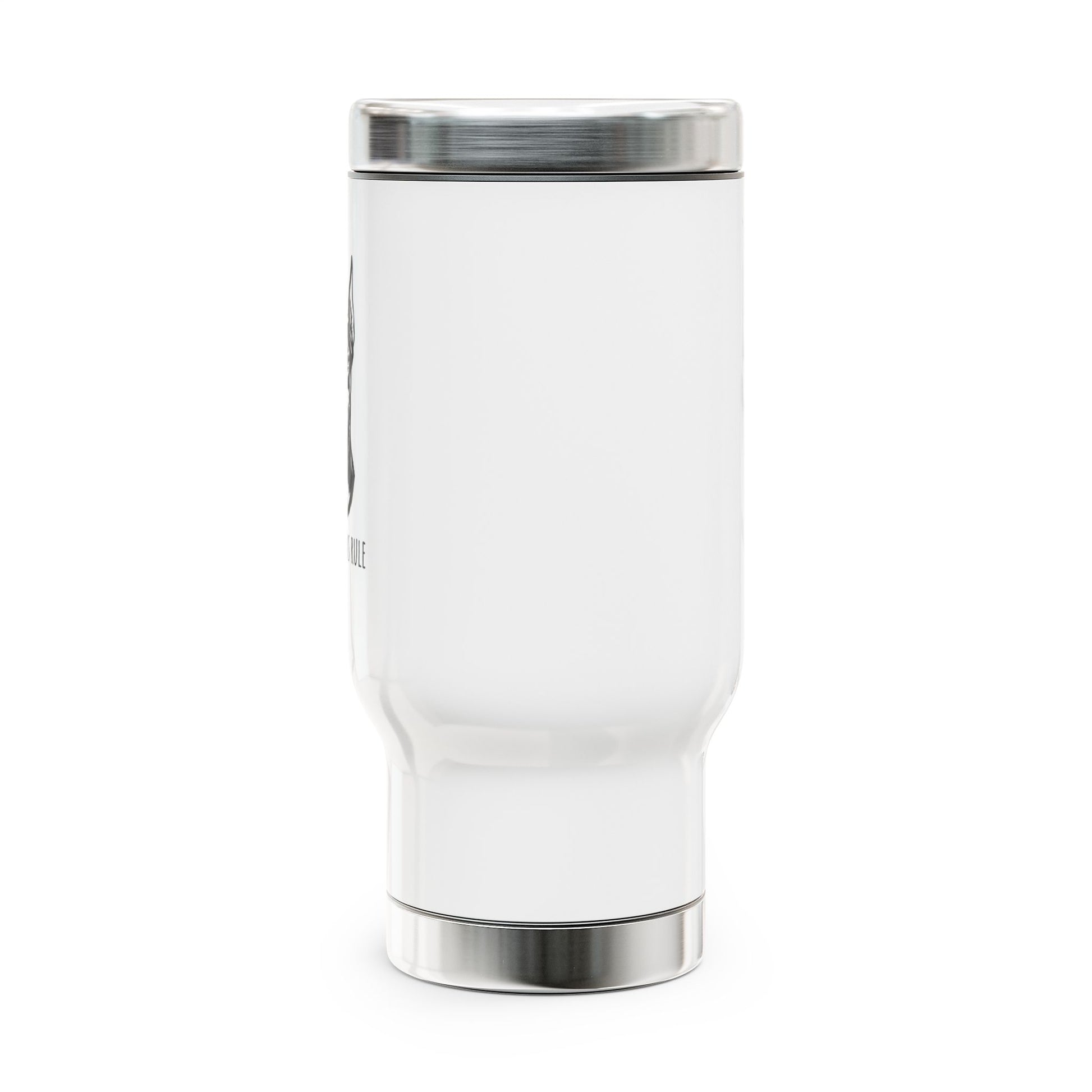 White tumbler with silver base and lid on a white background