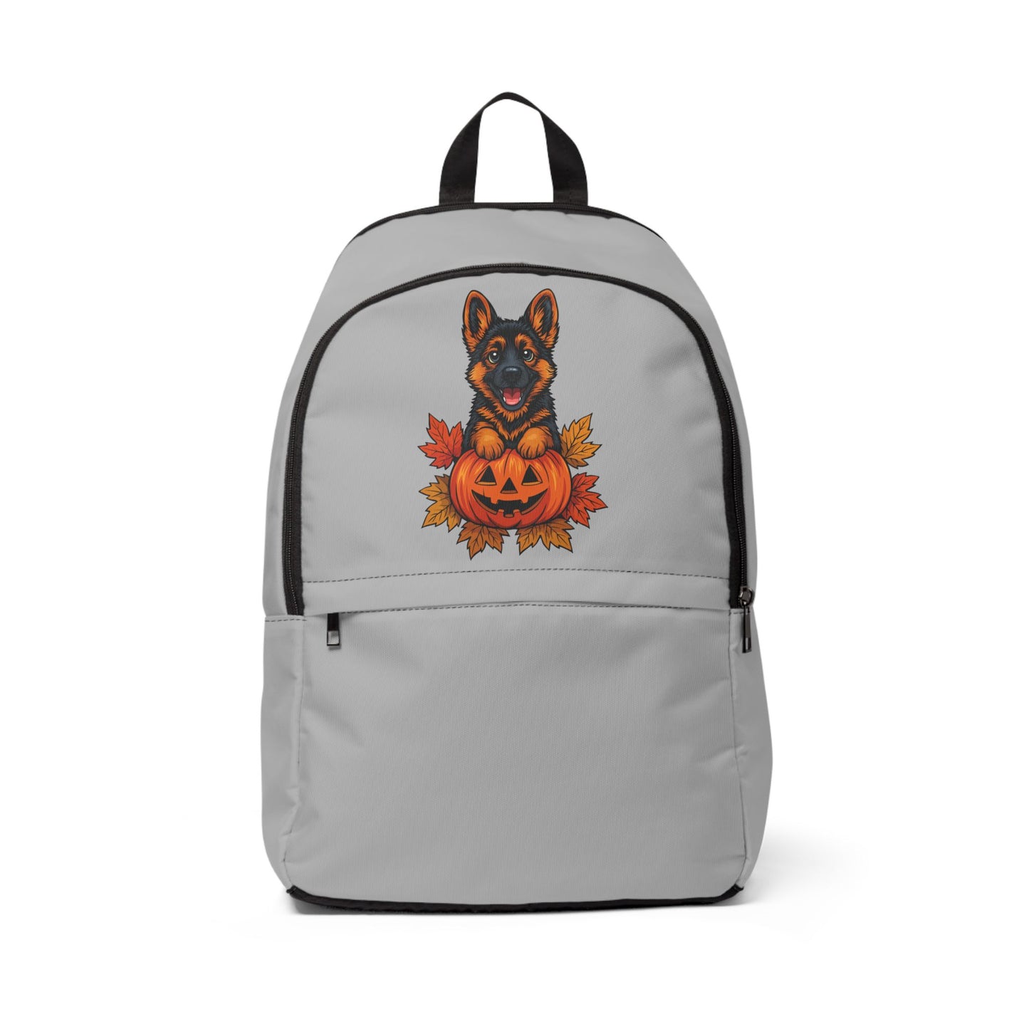 Gray backpack with a Halloween design featuring a dog and pumpkin on a white background