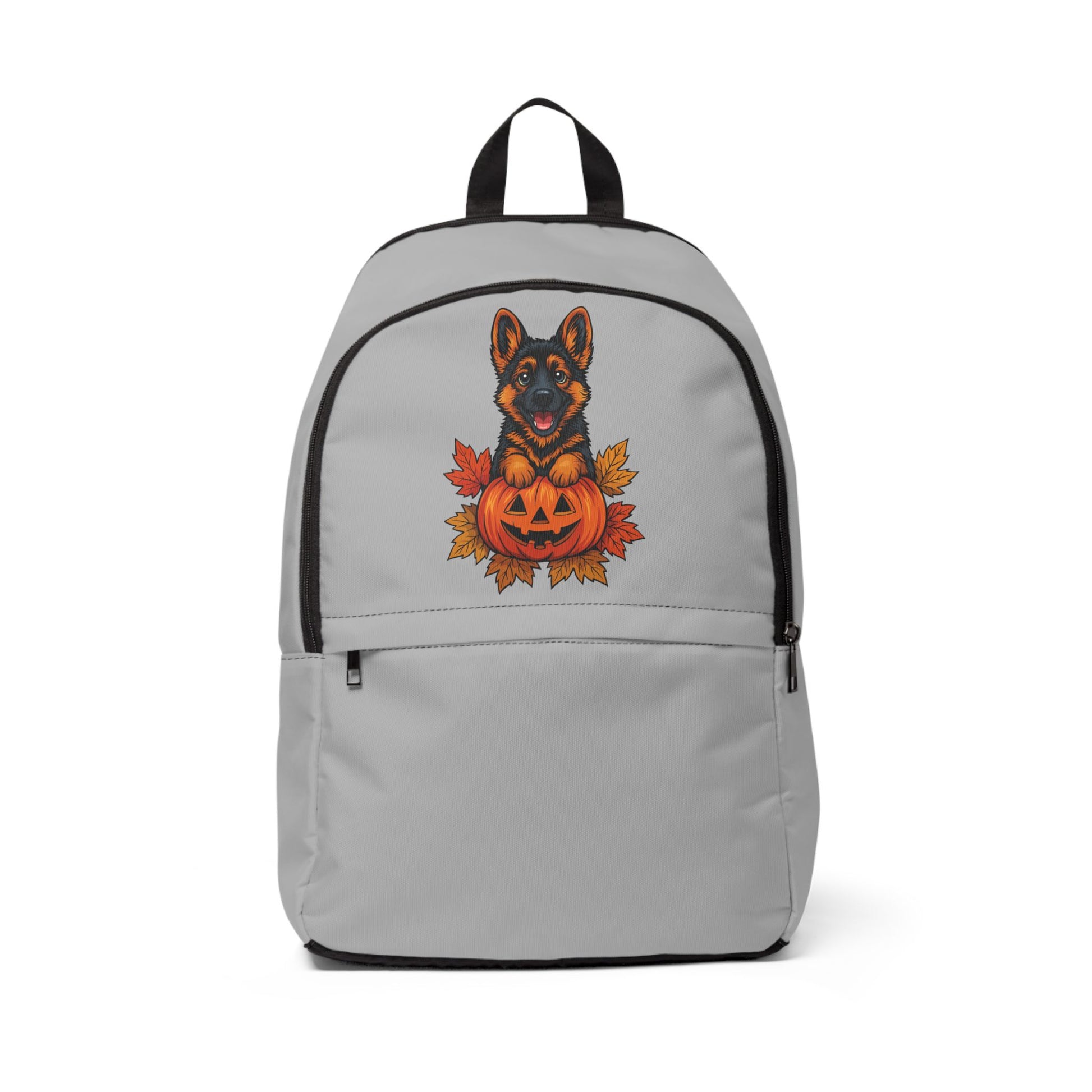 Gray backpack with a Halloween design featuring a dog and pumpkin on a white background