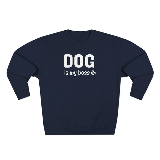Navy blue sweatshirt with 'DOG is my boss' text on a white background