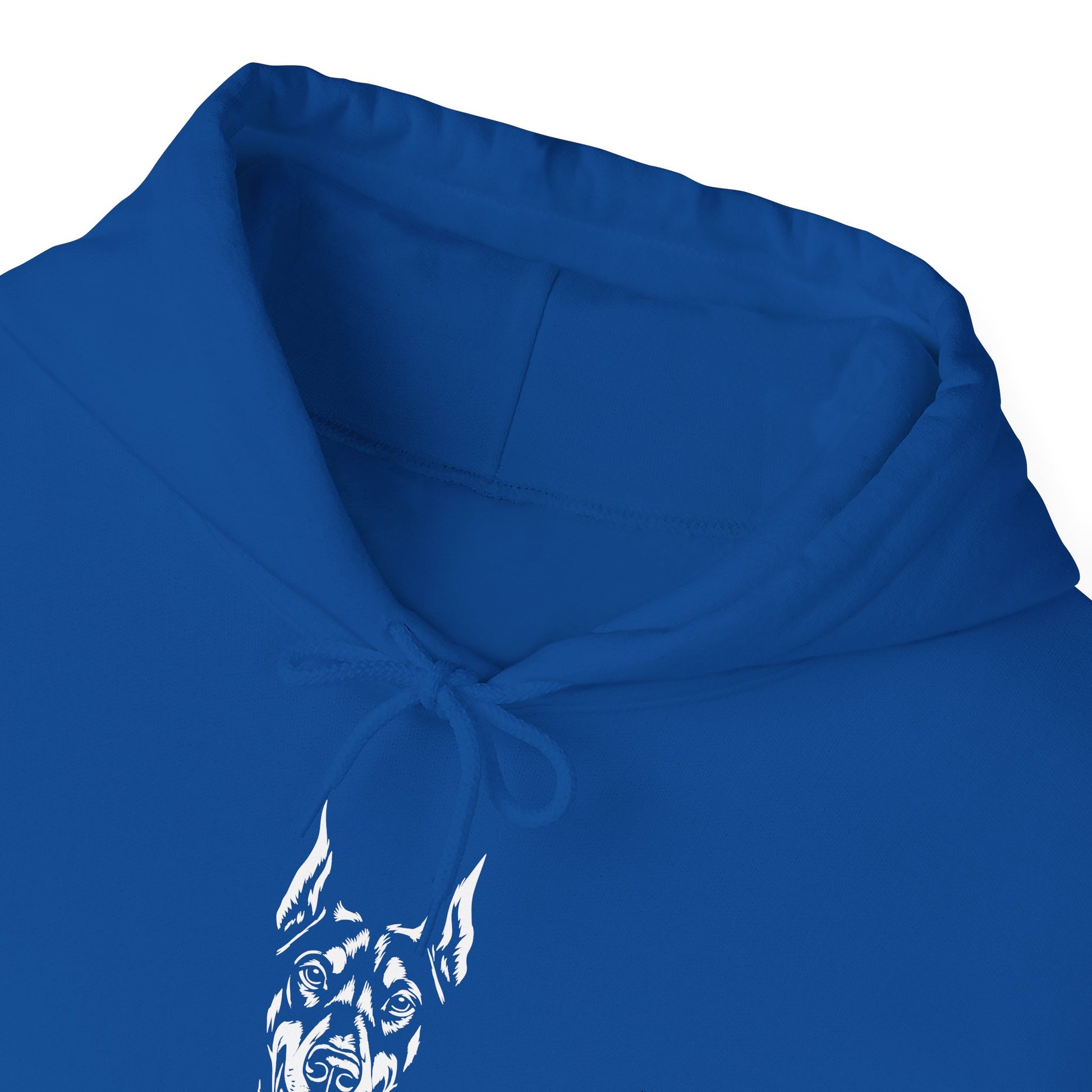 Blue hoodie with a white dog graphic on a white background