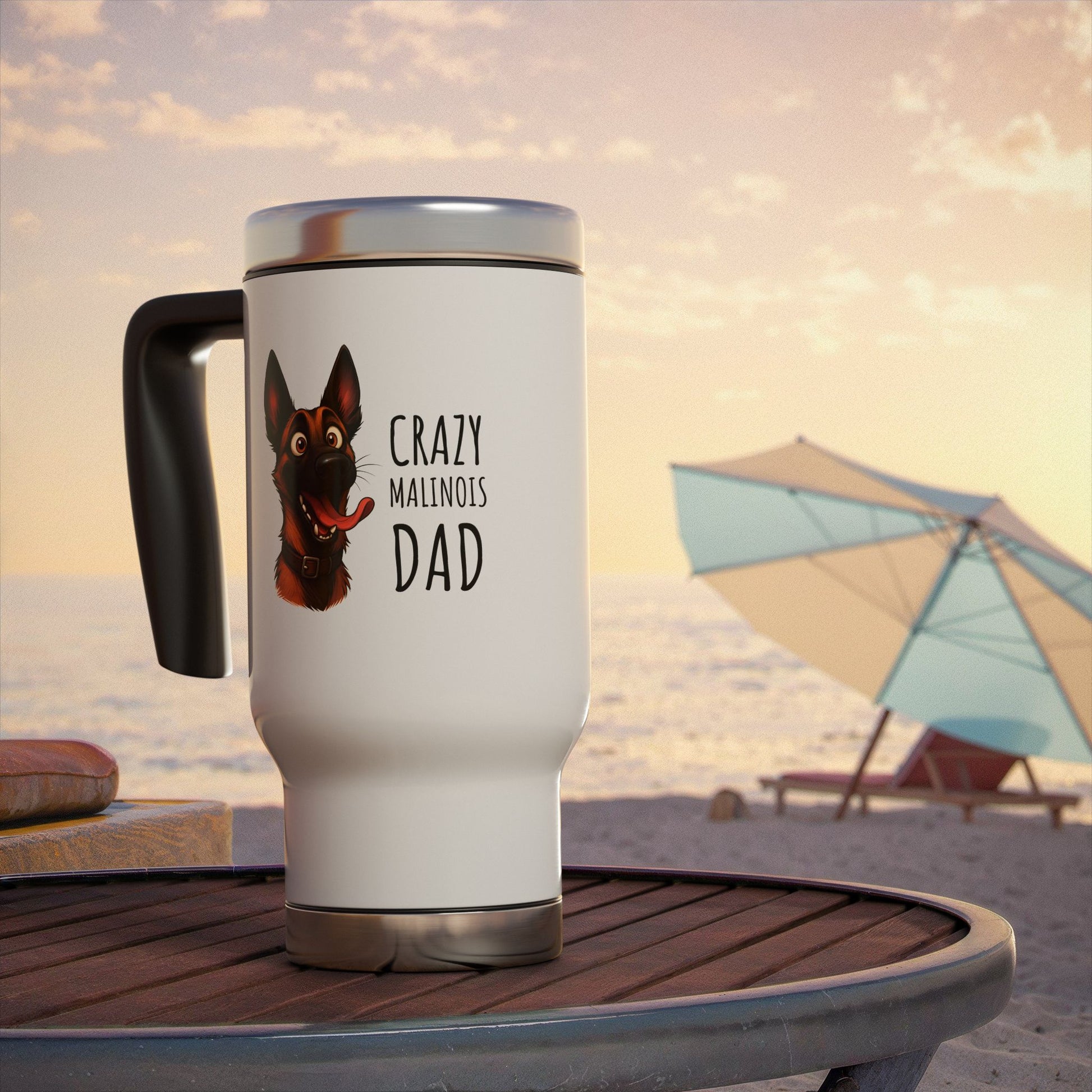 Travel mug with 'Crazy Malinois Dad' text and dog illustration on a beach setting