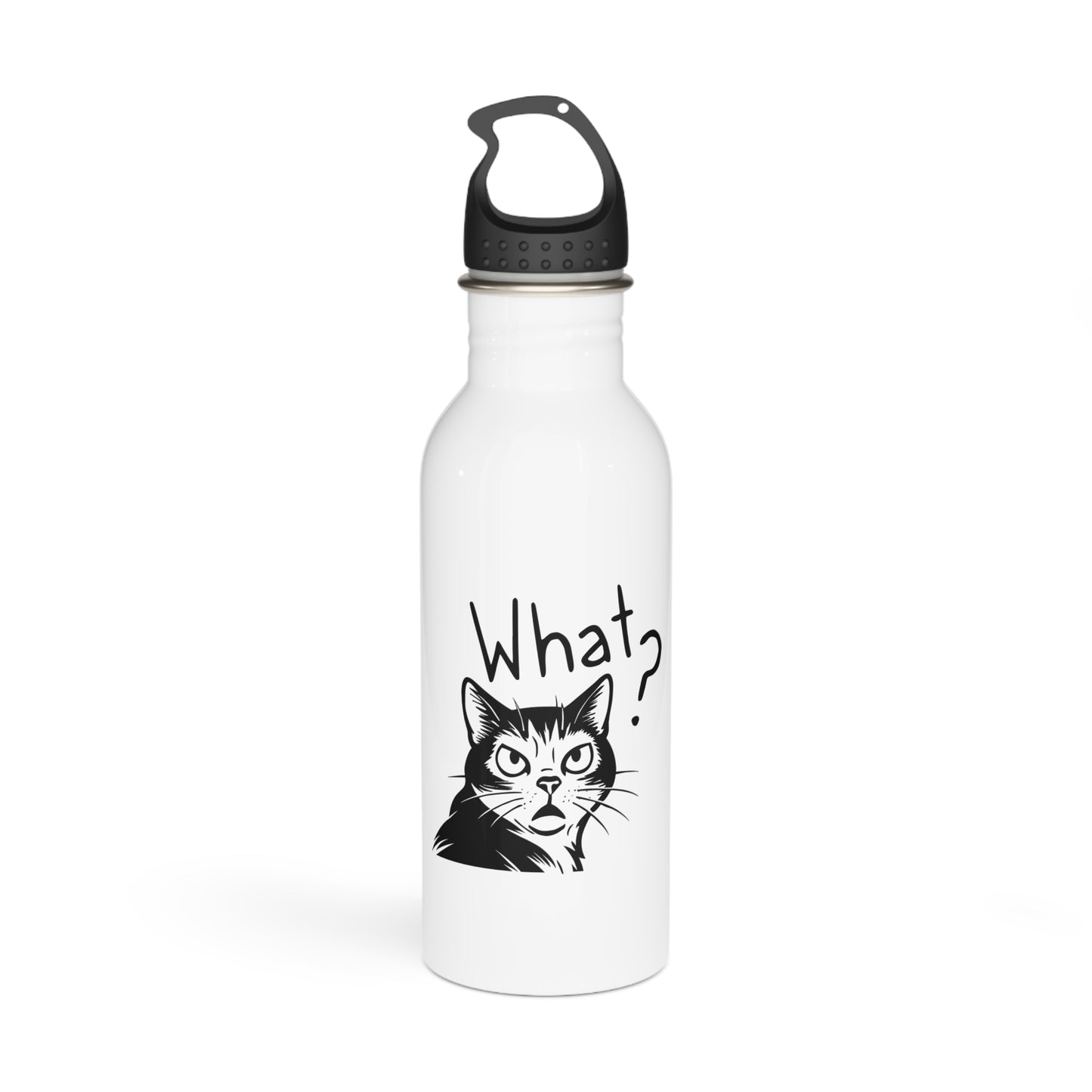 White water bottle with a black cat illustration and 'What?' text on a white background
