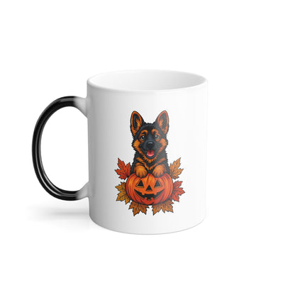 White mug with a German Shepherd dog design holding a pumpkin on a white background