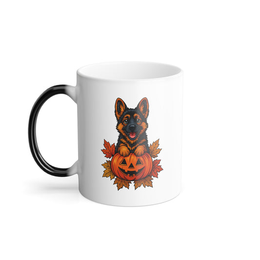 White mug with a German Shepherd dog design holding a pumpkin on a white background