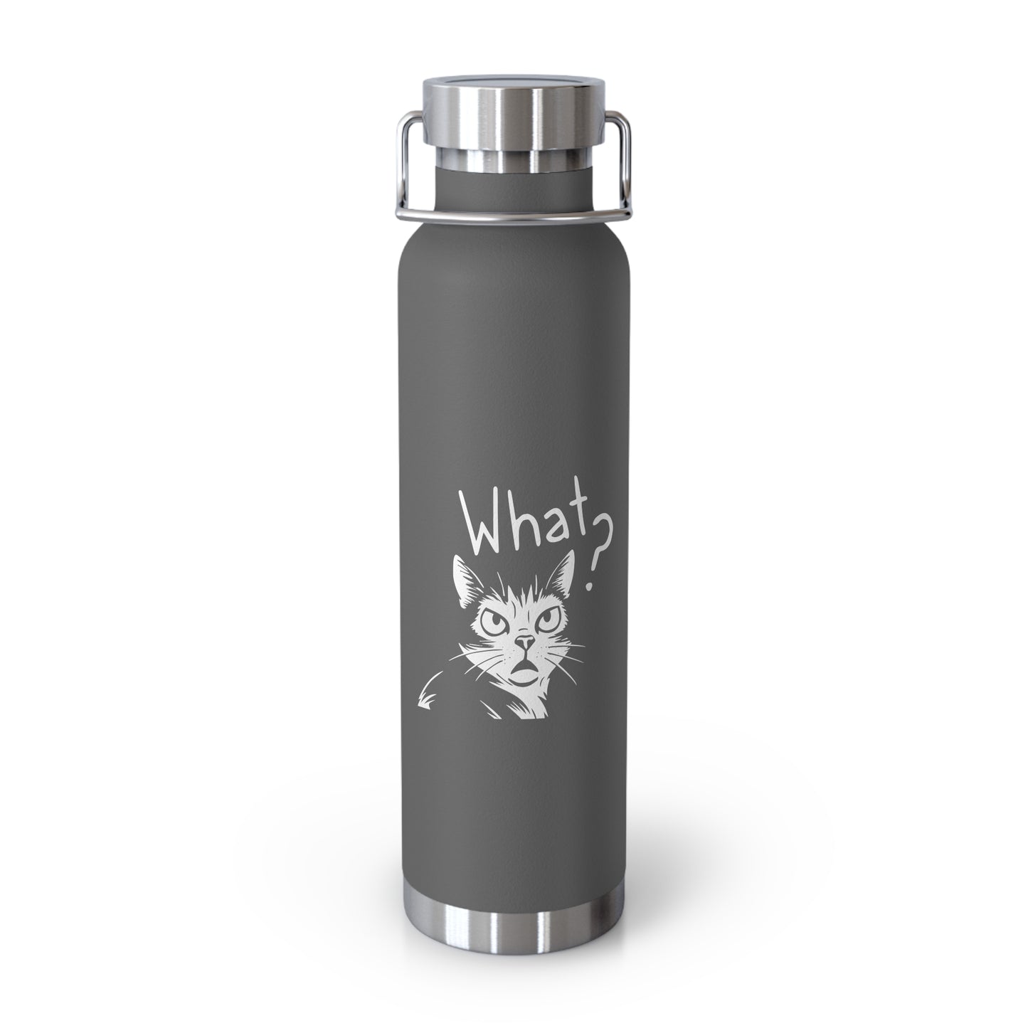 Gray water bottle with a cat illustration and 'What?' text on a white background