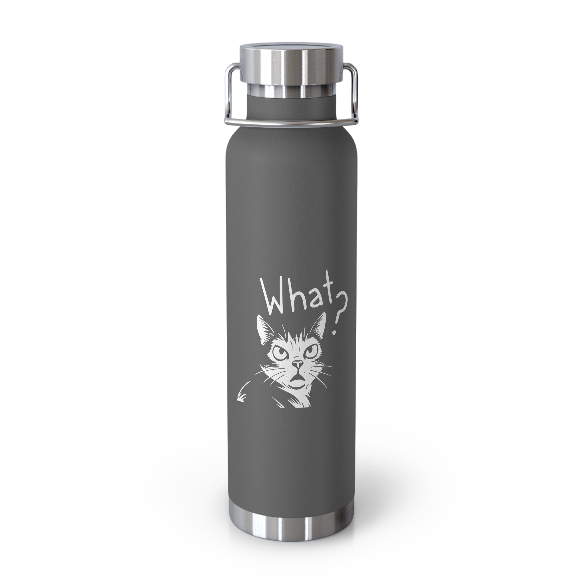 Gray water bottle with a cat illustration and 'What?' text on a white background