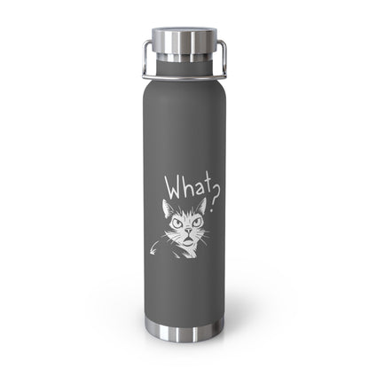 Gray water bottle with a cat illustration and 'What?' text on a white background