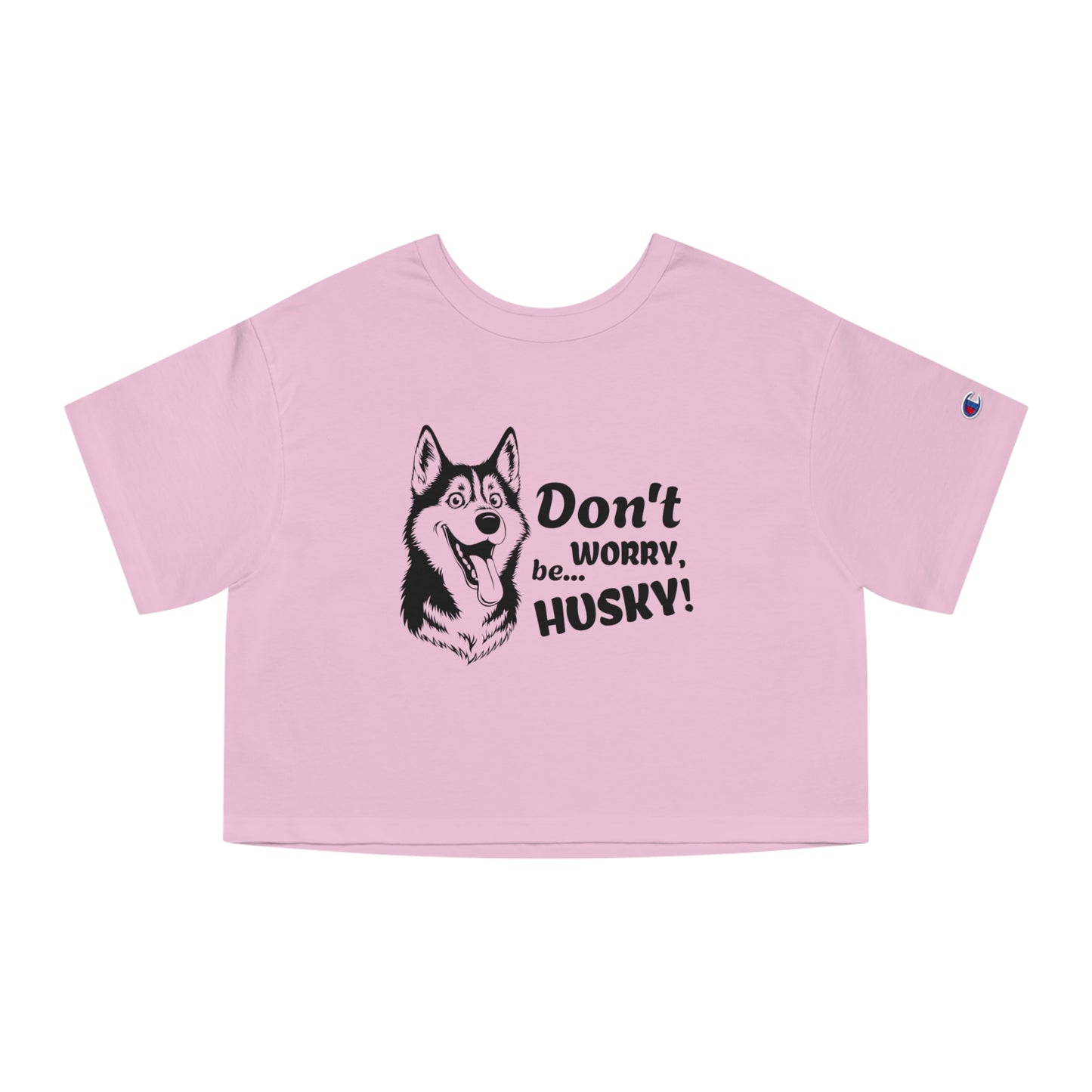 Pink crop top with husky graphic and text on a white background