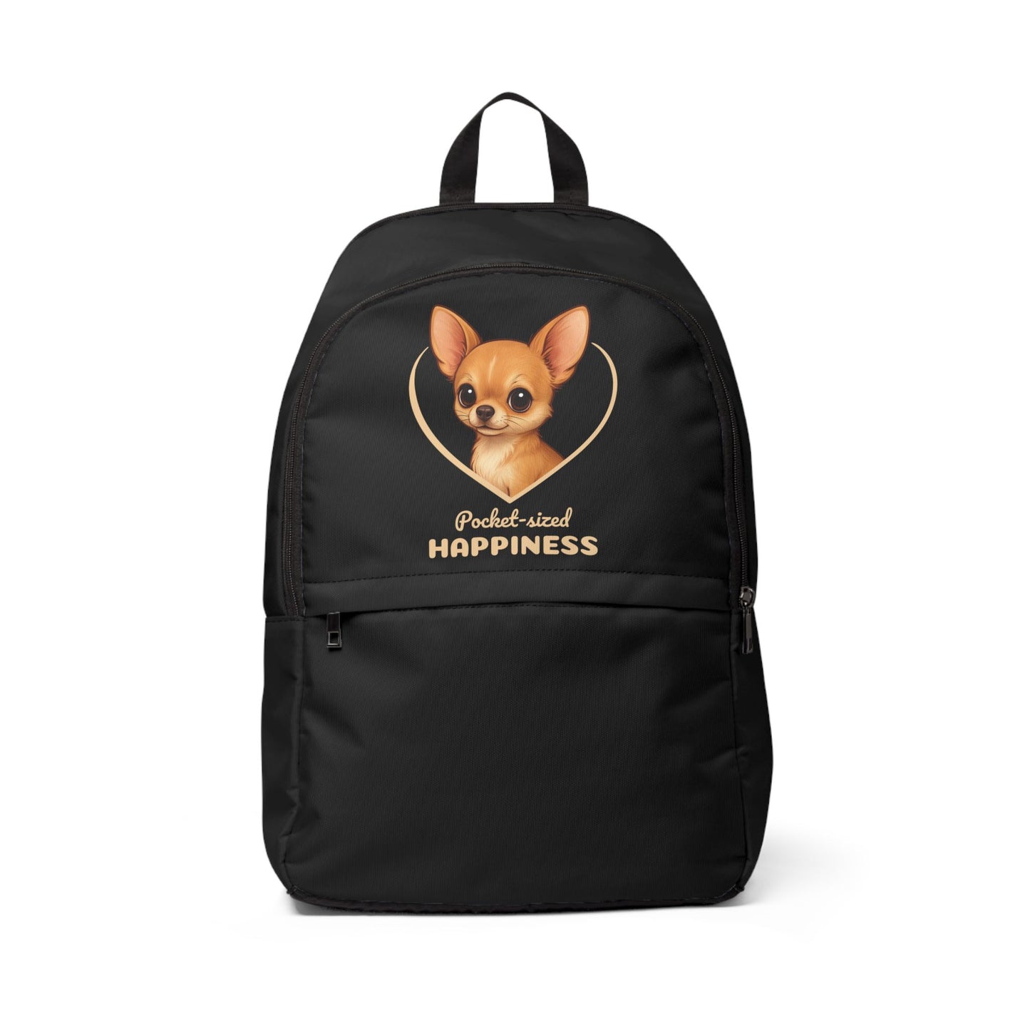 Black backpack with a dog illustration and 'Pocket-sized Happiness' text on a white background
