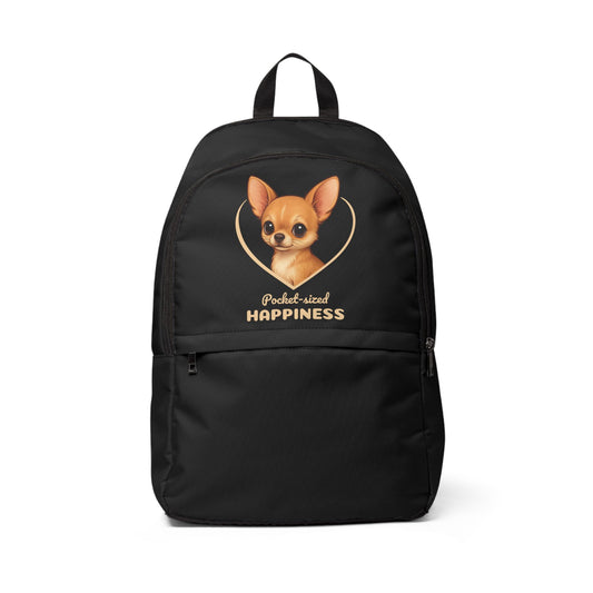 Black backpack with a dog illustration and 'Pocket-sized Happiness' text on a white background