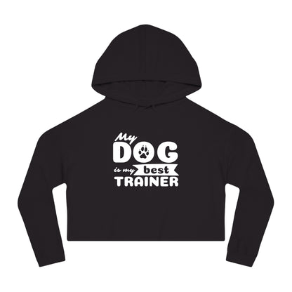 Black cropped hoodie with 'My dog is my best trainer' text on a white background