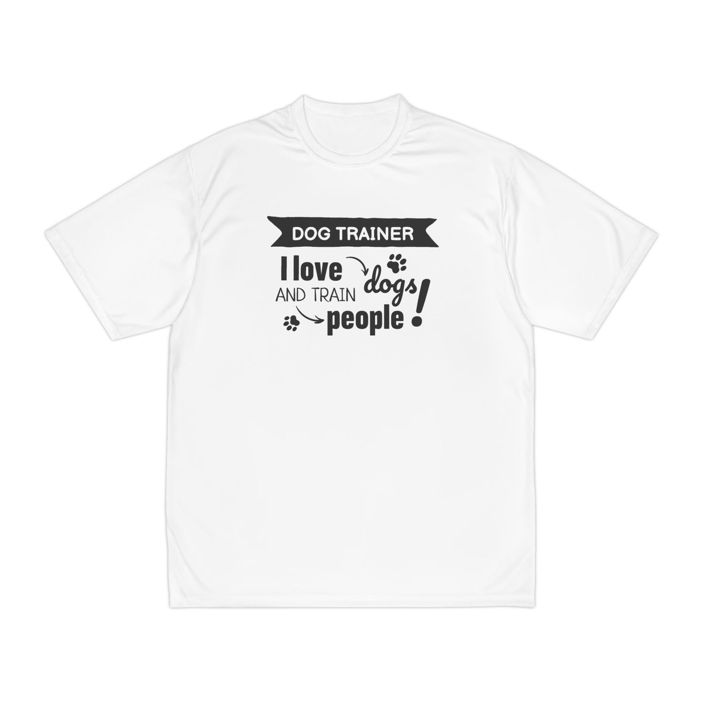 White t-shirt with black text 'Dog Trainer I love dogs and train people' on a white background
