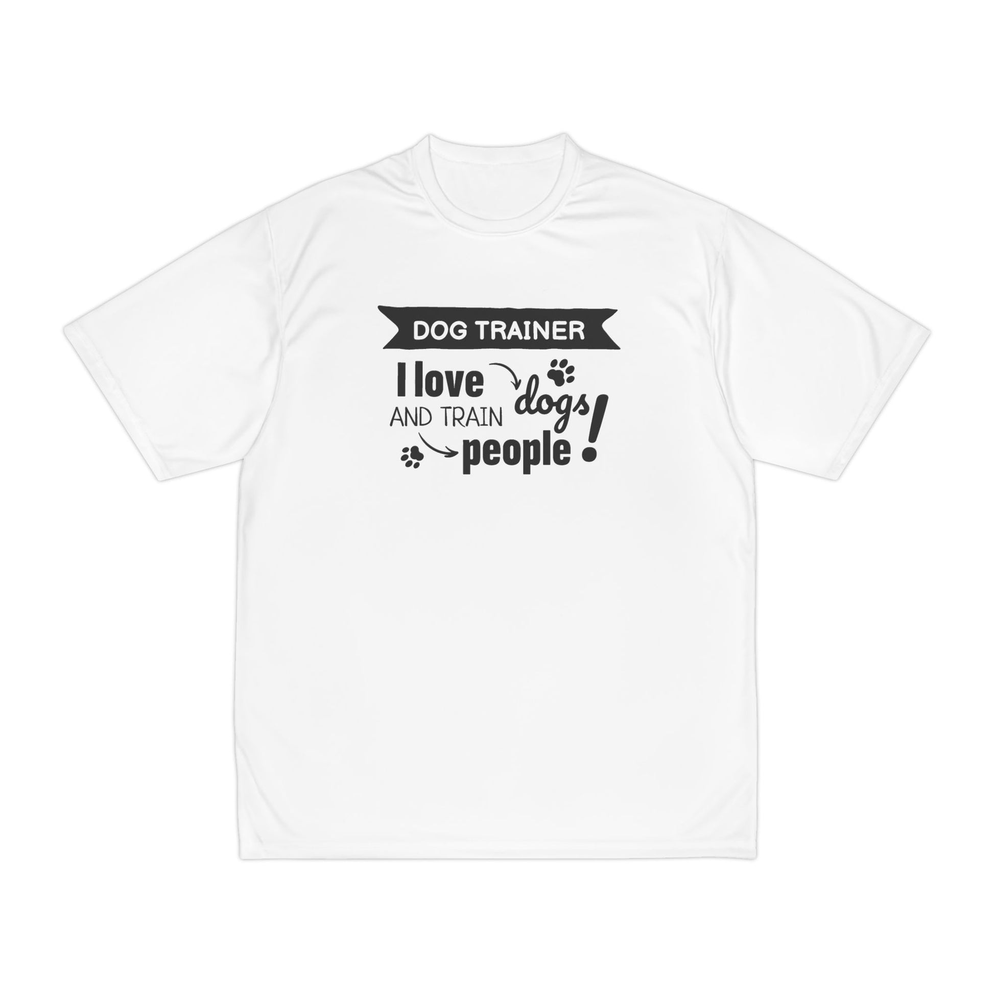 White t-shirt with black text 'Dog Trainer I love dogs and train people' on a white background