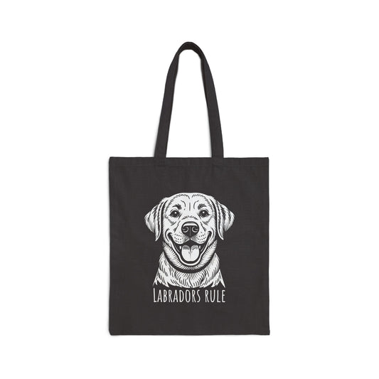 Black tote bag with a white labrador illustration and 'Labradors Rule' text on a white background