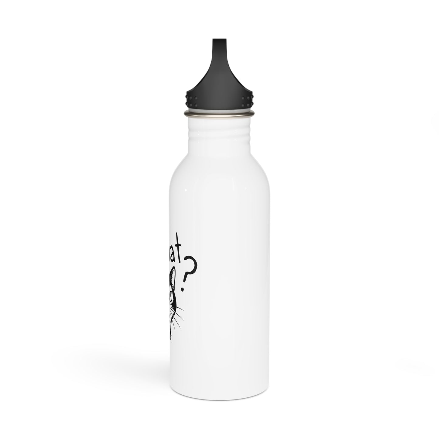 White water bottle with black cap and cat-themed design on a white background