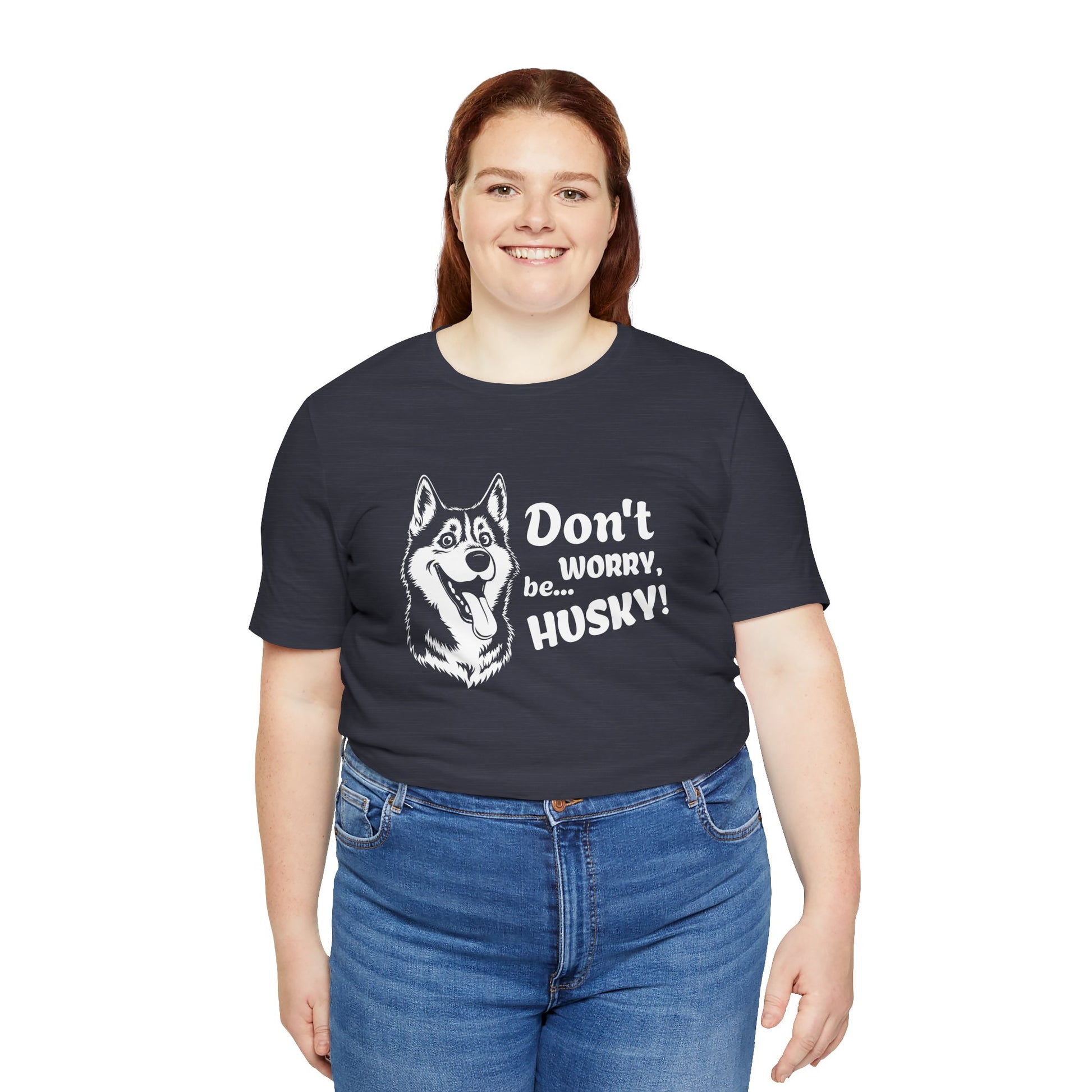 Person wearing a navy blue t-shirt with a husky graphic and text on a white background