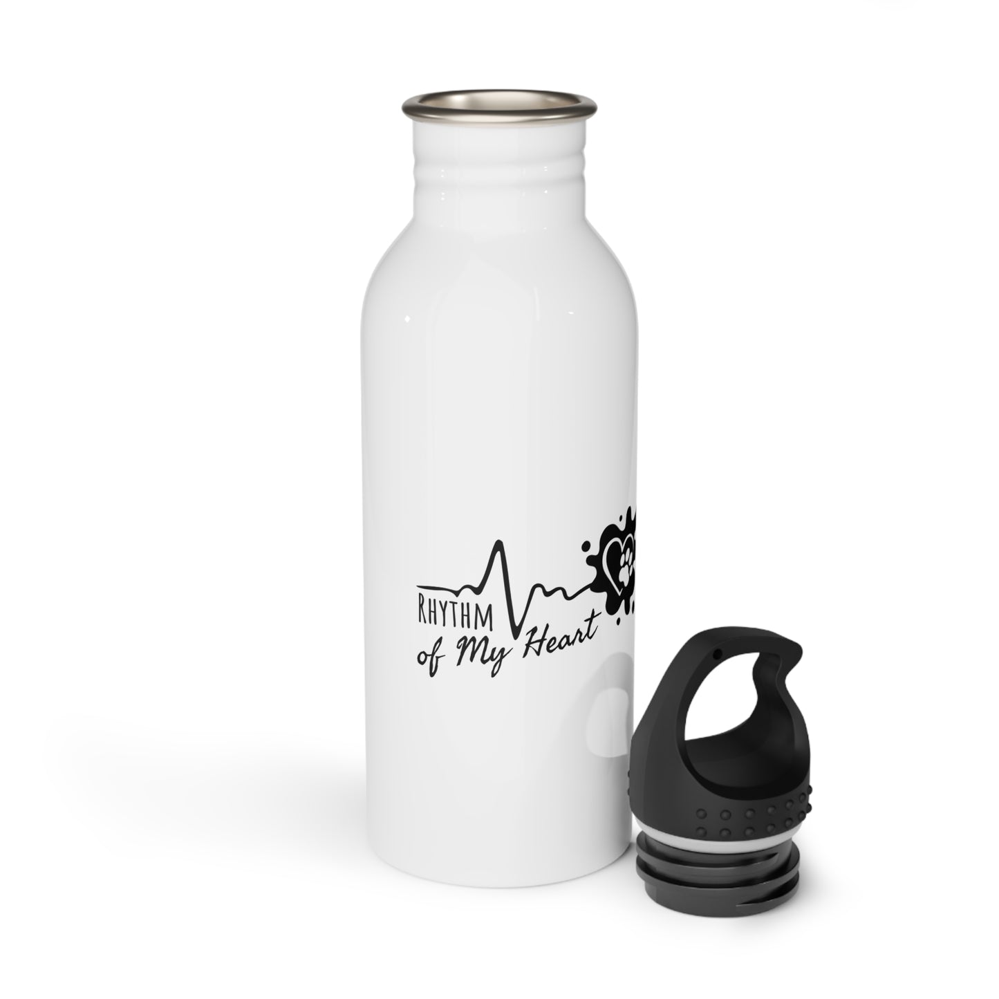 White water bottle with black 'Rhythm of My Heart' design on a white background