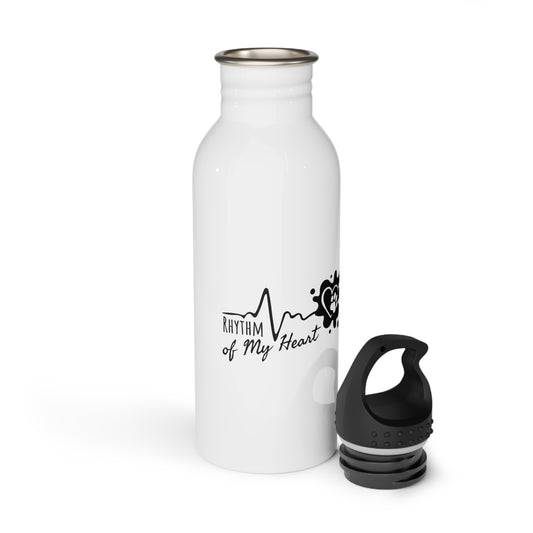 White water bottle with black 'Rhythm of My Heart' design on a white background