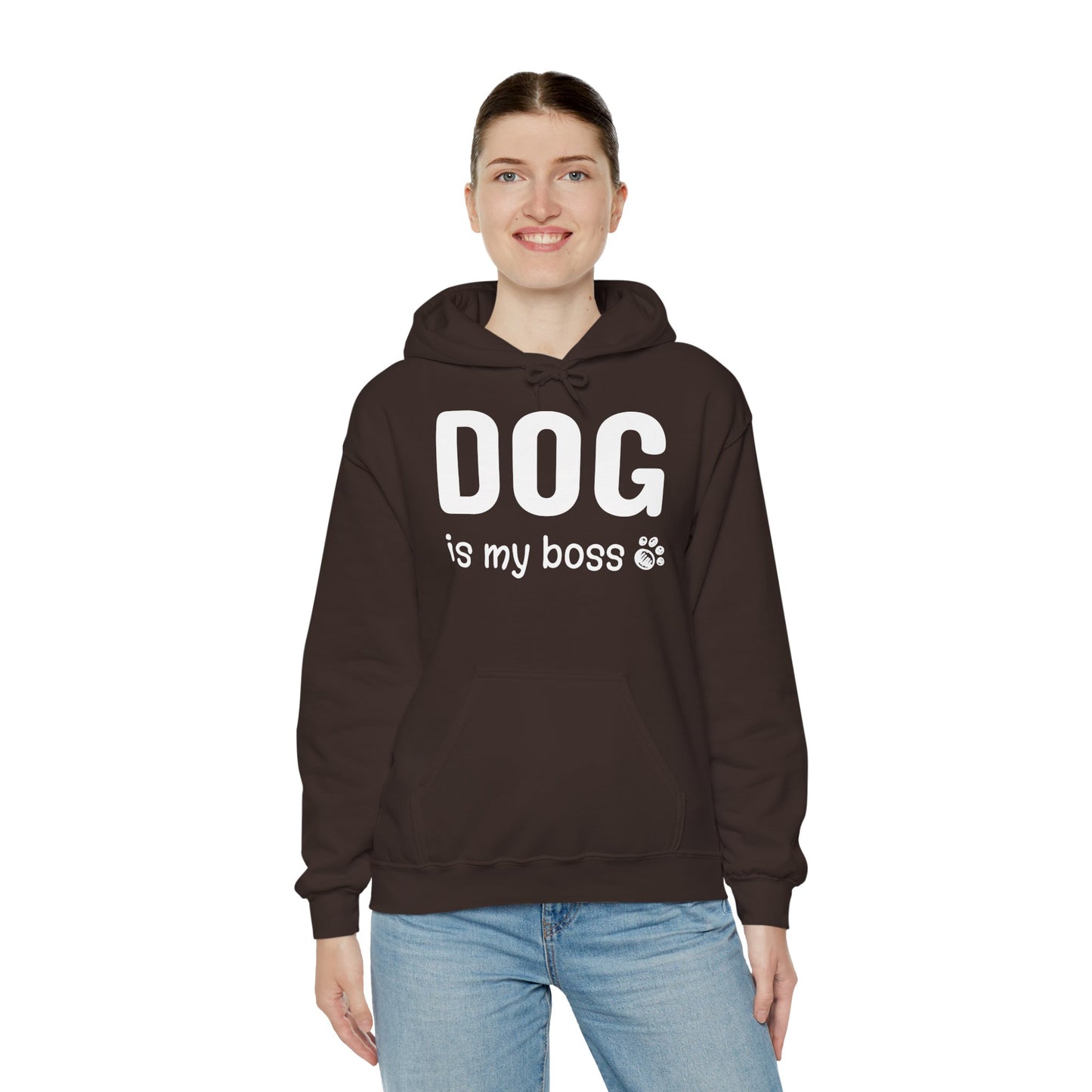 Person wearing a brown hoodie with 'DOG is my boss' text on a white background