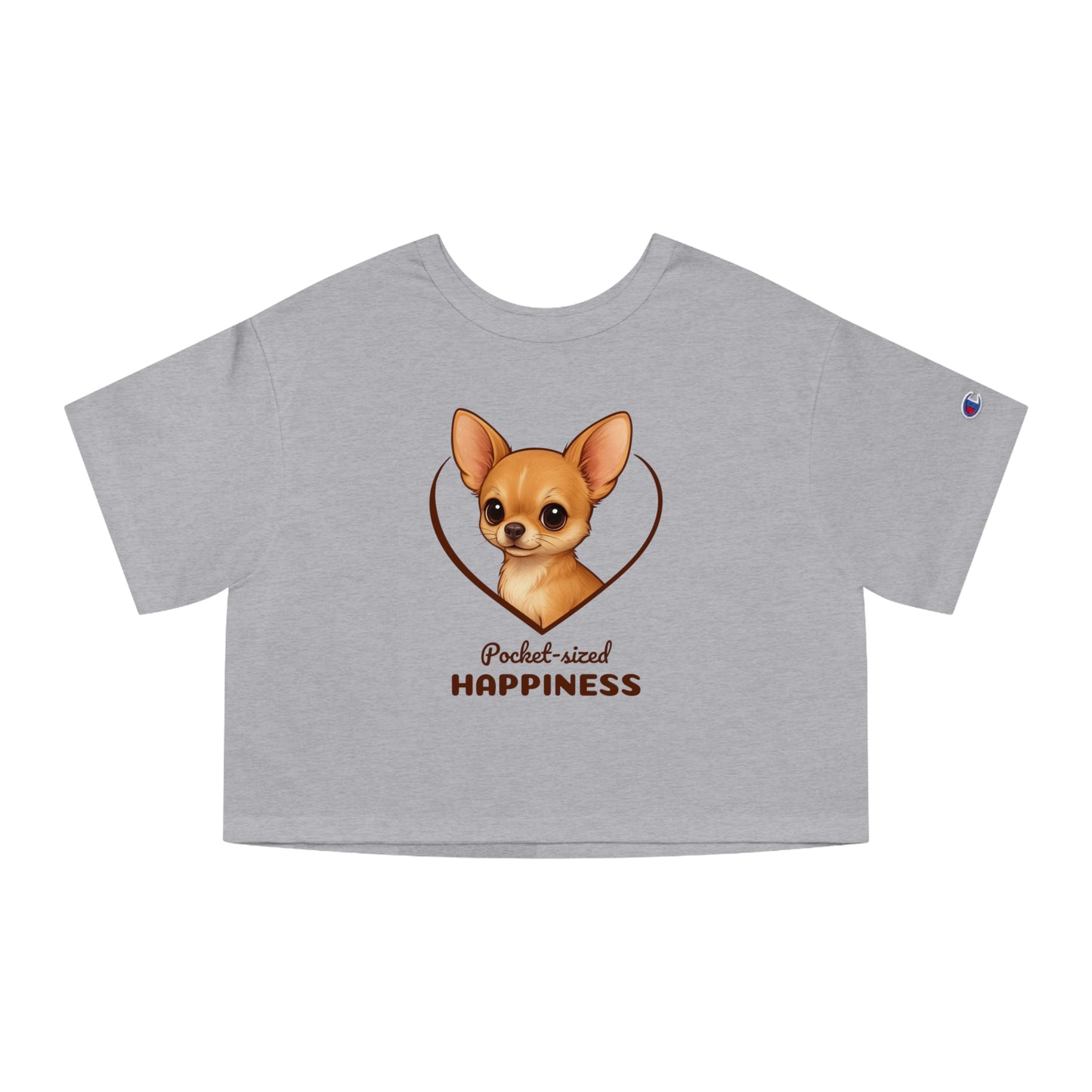 Gray crop top with a chihuahua graphic and text on a white background