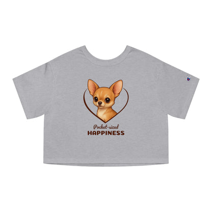 Gray crop top with a chihuahua graphic and text on a white background