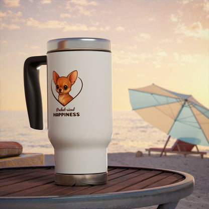 Travel mug with a dog illustration and 'Pocket-sized Happiness' text on a beach setting