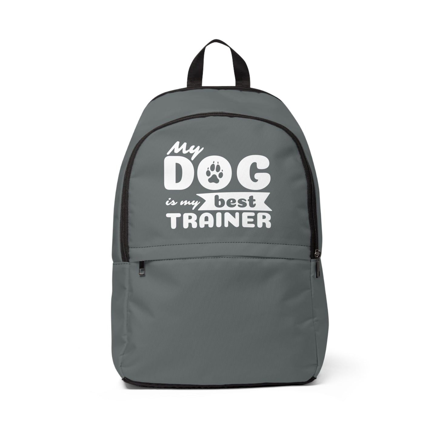 Gray backpack with 'My dog is my best trainer' text on a white background