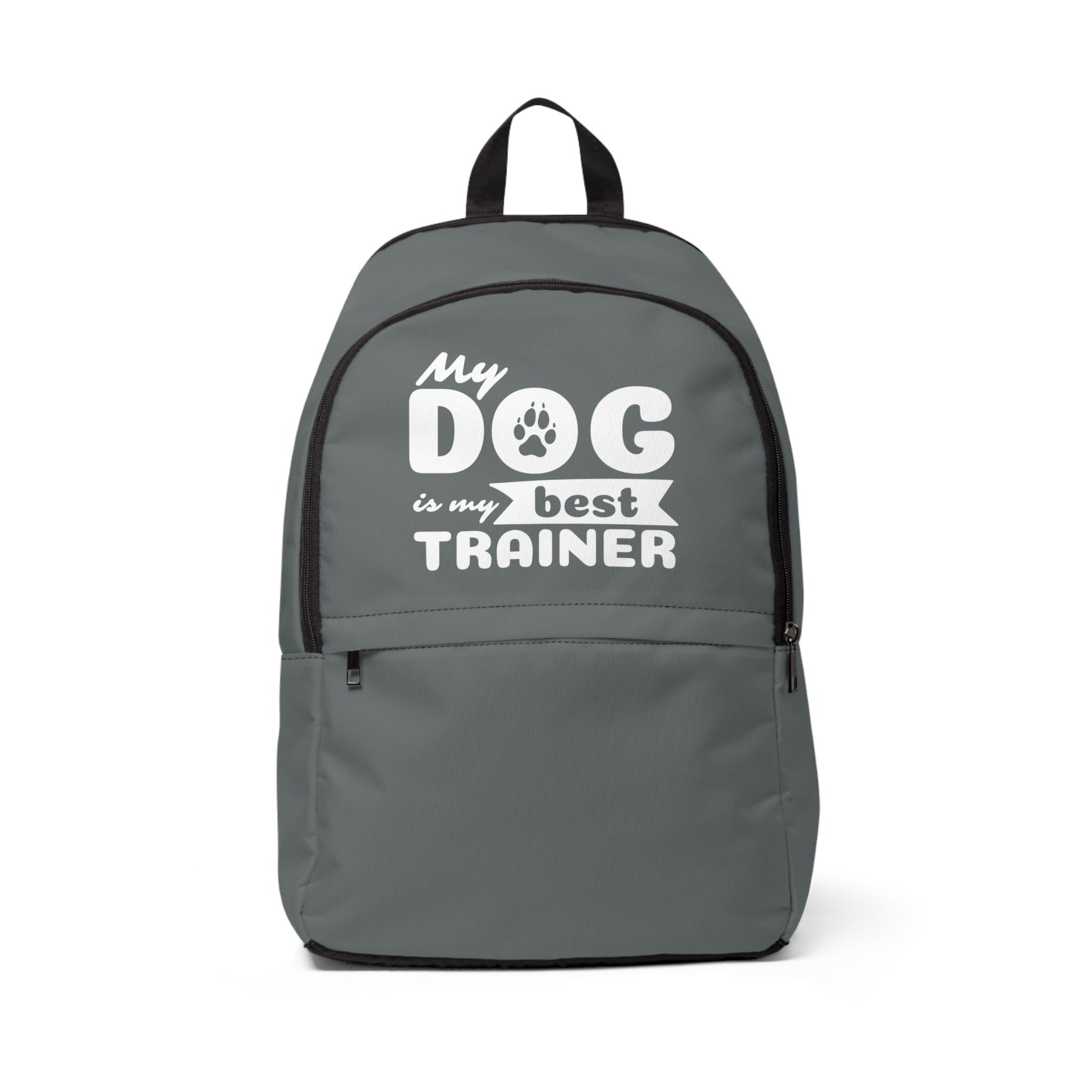 Gray backpack with 'My dog is my best trainer' text on a white background