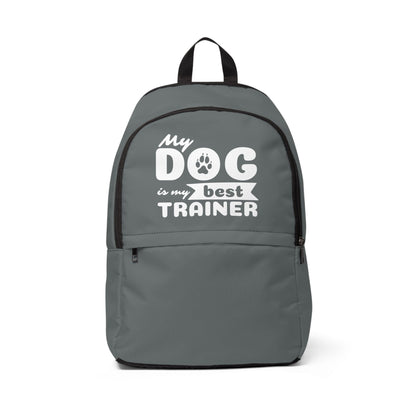 Gray backpack with 'My dog is my best trainer' text on a white background