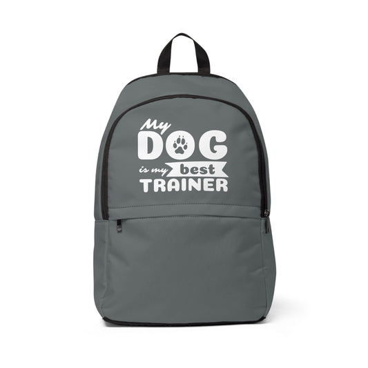 Gray backpack with 'My dog is my best trainer' text on a white background